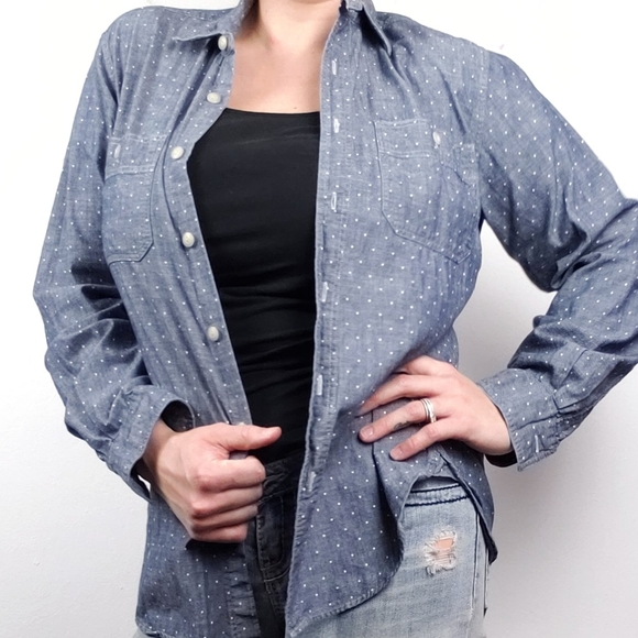 J. Crew | Polkadot Blue Chambray Button Up Small - Picture 3 of 6